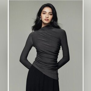 Asymmetric Collar Draped Long Sleeve Shirt